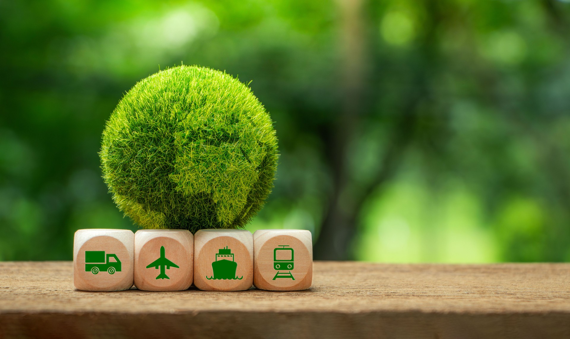 Green Logistics concept. A small globe covered in green sits on top of four wooden blocks with green transportation icons - a truck, plane, ship, and train. The background is a blur of green trees.