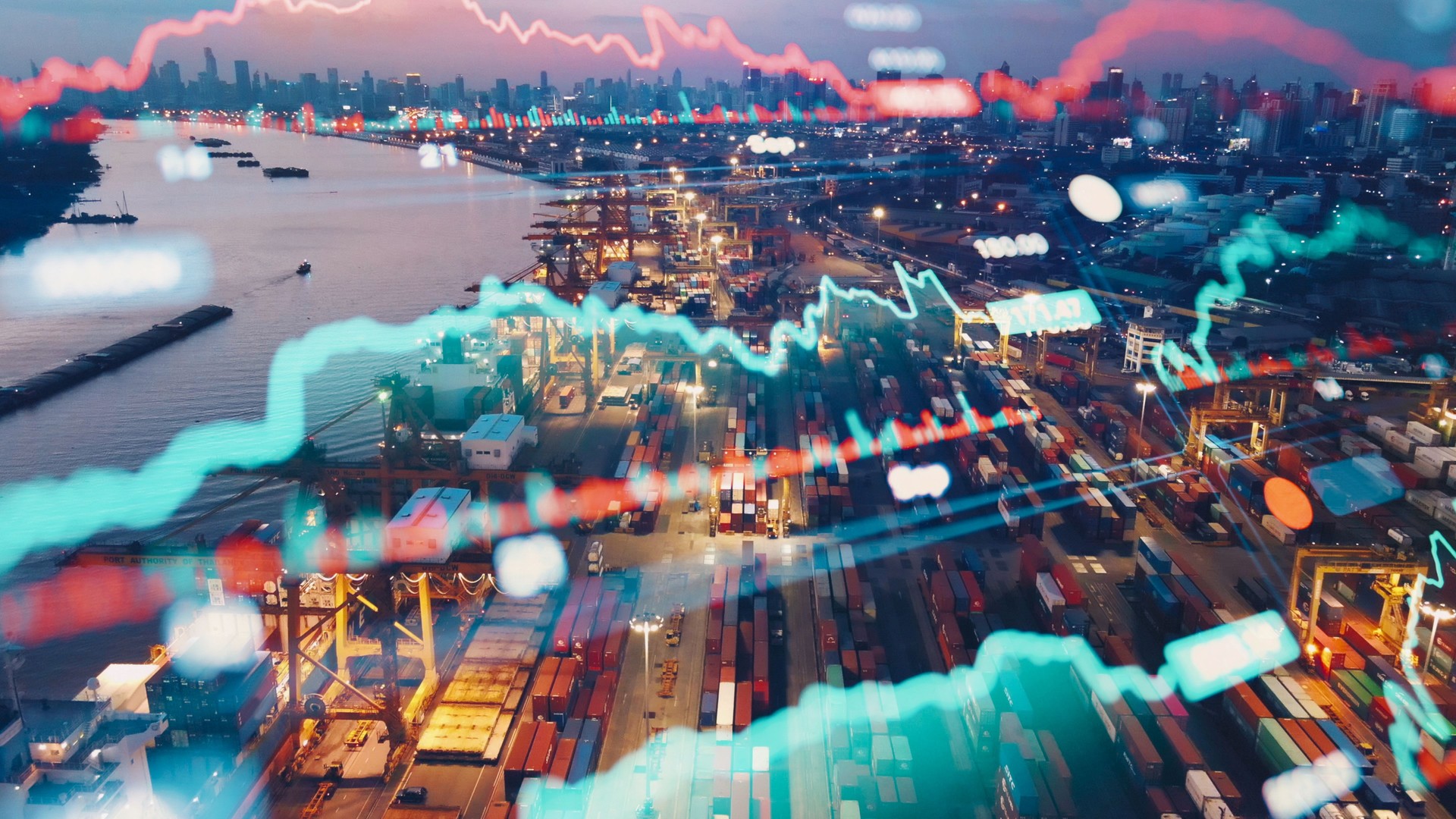 Global supply chain technology and port operations shipping port with global trade analytics and stock chart overlays representing digital logistics